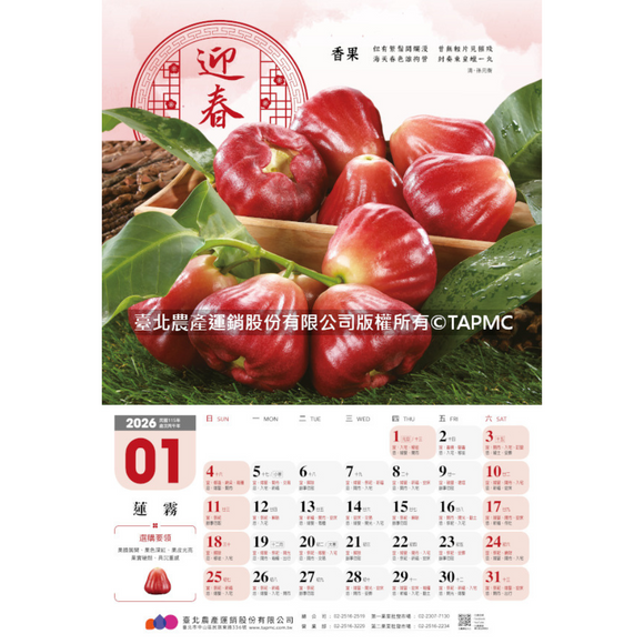 〈数量限定〉2026年 台湾 台北農産 壁掛けカレンダー 台湾フルーツ 52x76cm｜台北農產運銷公司 北農 臺灣水果月曆