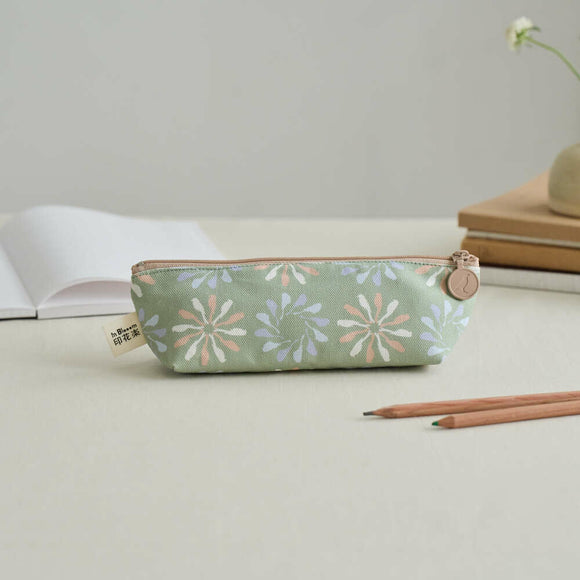 印花楽 ペンケース 黒鳥サークル柄 春のガーデングリーン｜拉鏈筆袋 烏秋圈圈 春綠花園