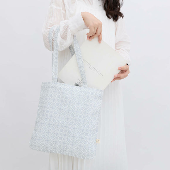 印花楽 角丸トートバッグ レトロ窓ガラス柄 グレイッシュブルー｜圓角方形購物袋 玻璃海棠 寧靜灰藍