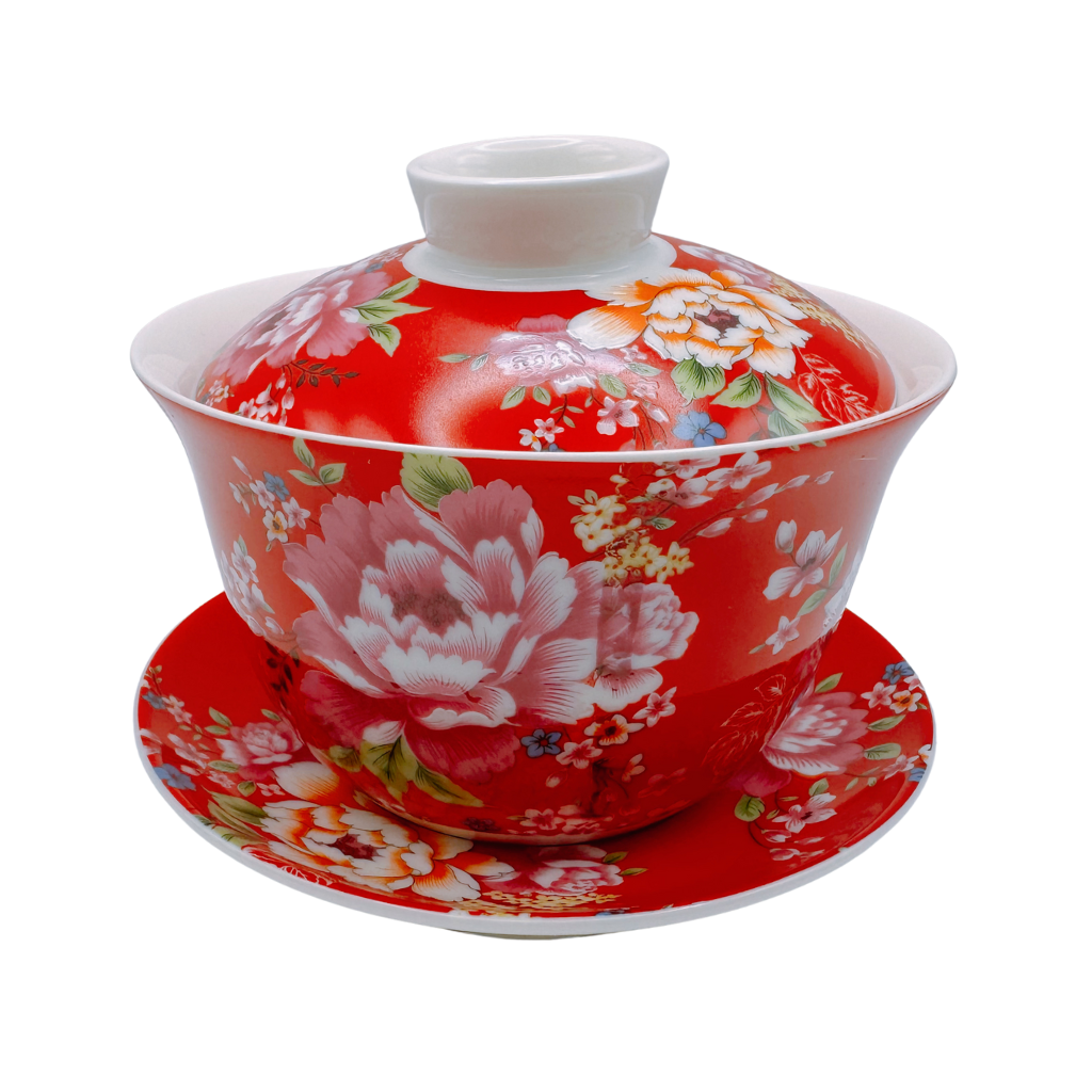 台湾花布（客家花布）柄 茶具 蓋碗（ティーカップ） レッド｜台灣花布（客家花布）三件式蓋杯（220ml） 紅