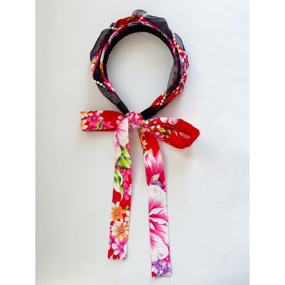 Hakka Rainy 客家花布 パール付きロングリボンカチューシャ｜花布珍珠絲帶髮箍｜台湾花布