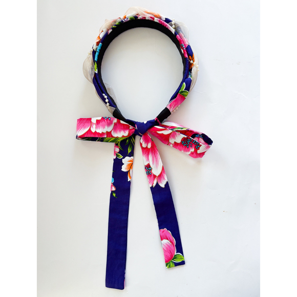 Hakka Rainy 客家花布 パール付きロングリボンカチューシャ｜花布珍珠絲帶髮箍｜台湾花布