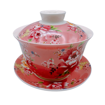 台湾花布（客家花布）柄 茶具 蓋碗（ティーカップ） ピンク｜台灣花布（客家花布）三件式蓋杯（220ml） 粉紅