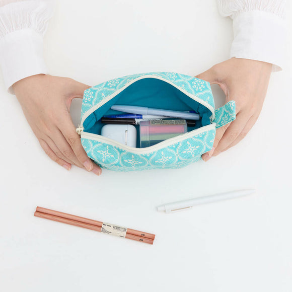 印花楽 長方形ポーチ ファスナー付き レトロ窓ガラス柄 アイスブルーグリーン｜拉鏈長方收納包 玻璃海棠 冰晶藍綠