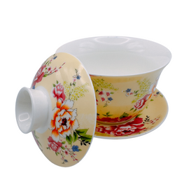 台湾花布（客家花布）柄 茶具 蓋碗（ティーカップ） イェロー｜台灣花布（客家花布）三件式蓋杯（220ml） 黃