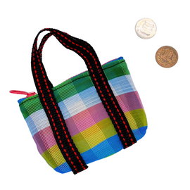 ミニ漁師網バッグ コインケース（小銭入れ﻿）チェック柄｜迷你茄芷袋零錢包 彩格（本体・ファスナーの色はランダム出荷）※ご購入の場合、色の原因で返品・交換は対応不可