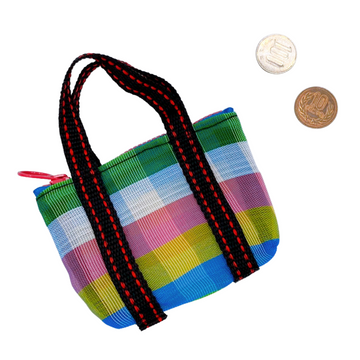 ミニ漁師網バッグ コインケース（小銭入れ﻿）チェック柄｜迷你茄芷袋零錢包 彩格（本体・ファスナーの色はランダム出荷）※ご購入の場合、色の原因で返品・交換は対応不可