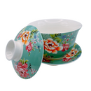台湾花布（客家花布）柄 茶具 蓋碗（ティーカップ） ブルー｜台灣花布（客家花布）三件式蓋杯（220ml） 藍