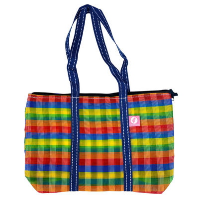 Taiwan Love オリジナル レインボーボーダー 台湾漁師網バッグ ナイロンバッグ (茄芷袋) 台湾製｜小さめMサイズ（4号）｜ファスナー付きショルダーストラップタイプ｜Taiwan Love 彩虹條紋款 肩背拉鍊茄芷袋 4號