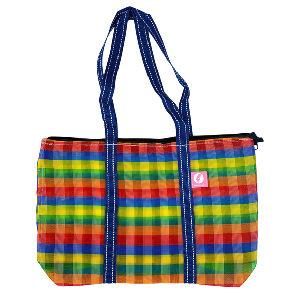 Taiwan Love オリジナル レインボーボーダー 台湾漁師網バッグ ナイロンバッグ (茄芷袋) 台湾製｜小さめMサイズ（4号）｜ファスナー付きショルダーストラップタイプ｜Taiwan Love 彩虹條紋款 肩背拉鍊茄芷袋 4號