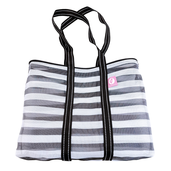 Taiwan Love オリジナル モノトーンボーダー（ブラック・グレー） 台湾漁師網バッグ ナイロンバッグ (茄芷袋) 台湾製｜小さめMサイズ（4号）｜ファスナー付きショルダーストラップタイプ｜Taiwan Love 黑白條紋 肩背拉鍊茄芷袋 4號