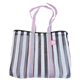 Taiwan Love オリジナル モノトーンストライプ柄（ブラック・グレー） 台湾漁師網バッグ ナイロンバッグ (茄芷袋) 台湾製｜小さめMサイズ（4号）｜ファスナー付きショルダーストラップタイプ｜Taiwan Love 黑灰直條紋款 肩背拉鍊茄芷袋 4號