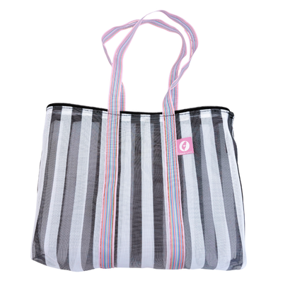 Taiwan Love オリジナル モノトーンストライプ柄（ブラック・グレー） 台湾漁師網バッグ ナイロンバッグ (茄芷袋) 台湾製｜小さめMサイズ（4号）｜ファスナー付きショルダーストラップタイプ｜Taiwan Love 黑灰直條紋款 肩背拉鍊茄芷袋 4號
