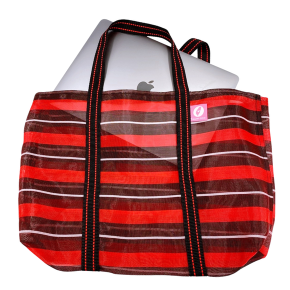 Taiwan Love オリジナル ボーダー柄（ブラック・レッド・ホワイト） 台湾漁師網バッグ ナイロンバッグ (茄芷袋) 台湾製｜小さめMサイズ（4号）｜コットン布持ち手タイプ｜Taiwan Love 黑紅白線條款 茄芷袋 4號