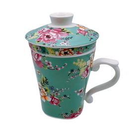 台湾花布（客家花布）柄 茶具 マグカップ（茶こし付き） ブルー｜台灣花布（客家花布）三件式馬克杯（240ml.） 藍