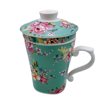 台湾花布（客家花布）柄 茶具 マグカップ（茶こし付き） ブルー｜台灣花布（客家花布）三件式馬克杯（240ml.） 藍