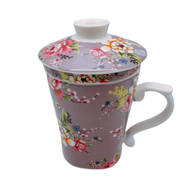 台湾花布（客家花布）柄 茶具 マグカップ（茶こし付き） ラベンダー｜台灣花布（客家花布）三件式馬克杯（240ml） 紫