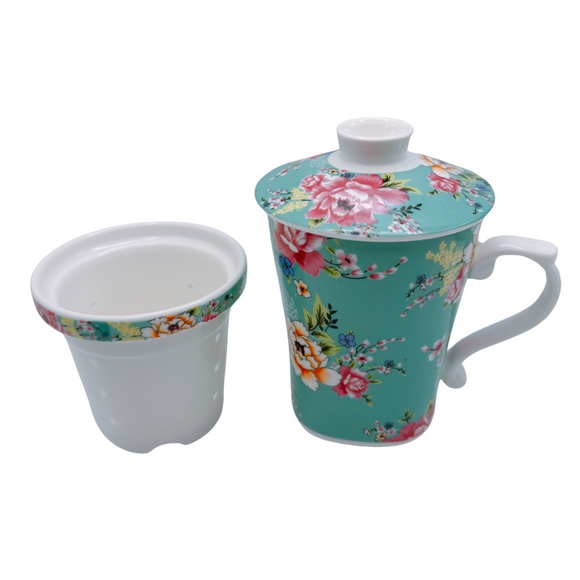 台湾花布（客家花布）柄 茶具 マグカップ（茶こし付き） ブルー｜台灣花布（客家花布）三件式馬克杯（240ml.） 藍
