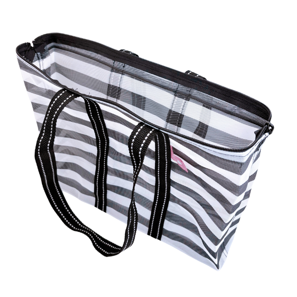 Taiwan Love オリジナル モノトーンボーダー（ブラック・グレー） 台湾漁師網バッグ ナイロンバッグ (茄芷袋) 台湾製｜小さめMサイズ（4号）｜ファスナー付きショルダーストラップタイプ｜Taiwan Love 黑白條紋 肩背拉鍊茄芷袋 4號