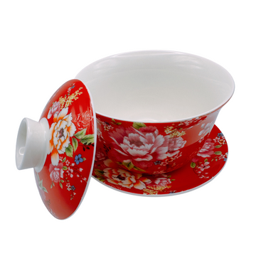 台湾花布（客家花布）柄 茶具 蓋碗（ティーカップ） レッド｜台灣花布（客家花布）三件式蓋杯（220ml） 紅