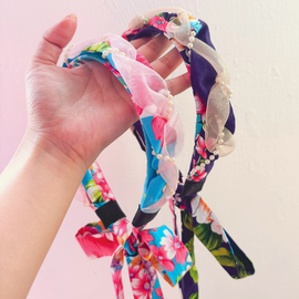 Hakka Rainy 客家花布 パール付きロングリボンカチューシャ｜花布珍珠絲帶髮箍｜台湾花布