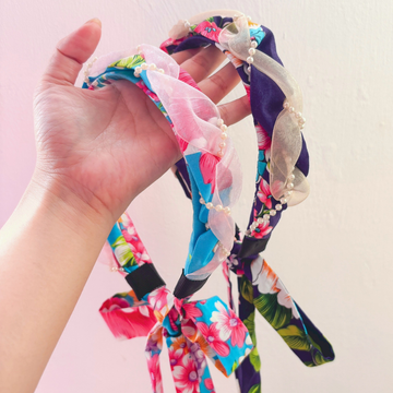 Hakka Rainy 客家花布 パール付きロングリボンカチューシャ｜花布珍珠絲帶髮箍｜台湾花布