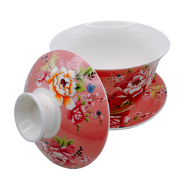 台湾花布（客家花布）柄 茶具 蓋碗（ティーカップ） ピンク｜台灣花布（客家花布）三件式蓋杯（220ml） 粉紅