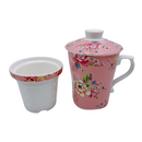 台湾花布（客家花布）柄 茶具 マグカップ（茶こし付き） ピンク｜台灣花布（客家花布）三件式馬克杯（240ml） 粉紅