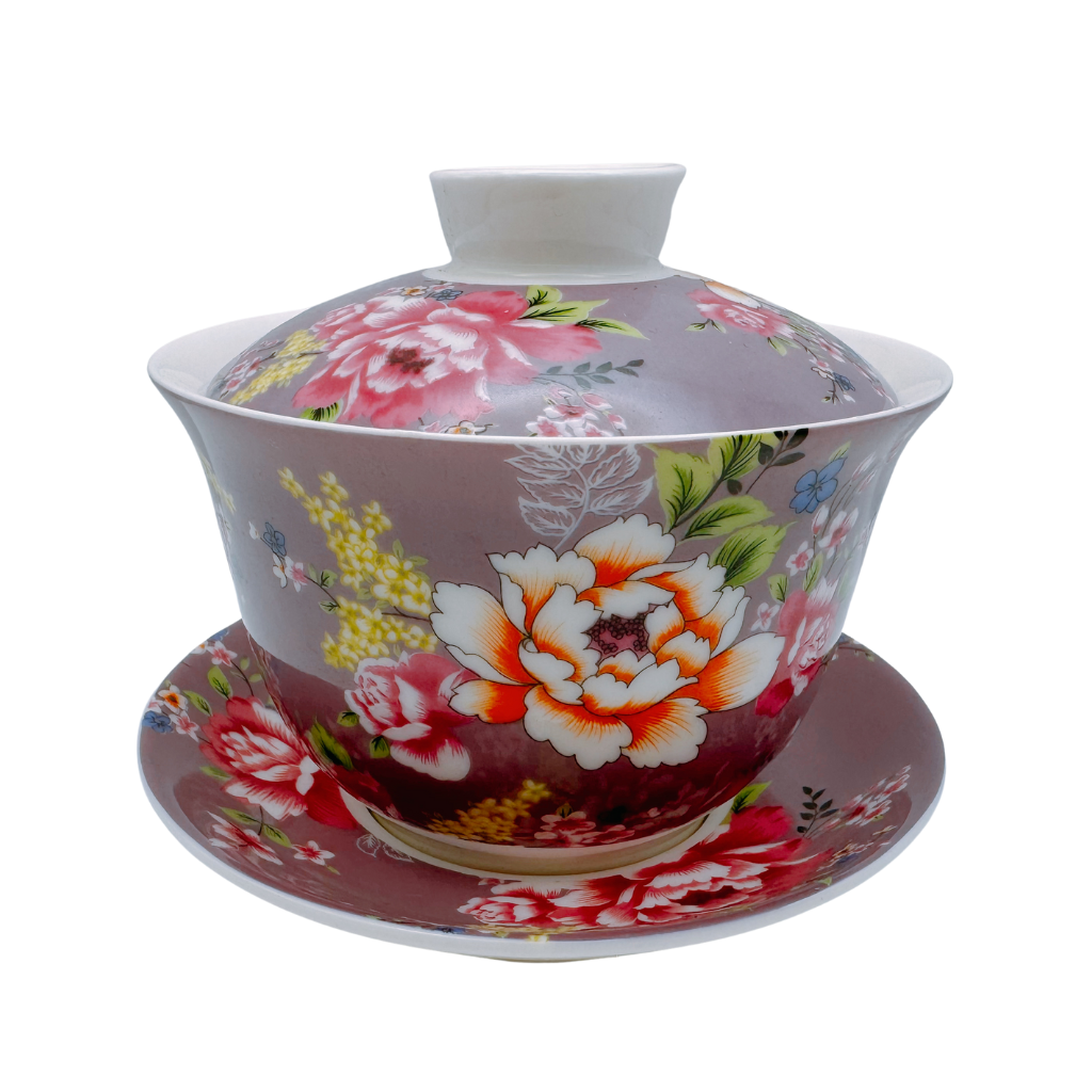 台湾花布（客家花布）柄 茶具 蓋碗（ティーカップ） ラベンダー｜台灣花布（客家花布）三件式蓋杯（220ml） 紫