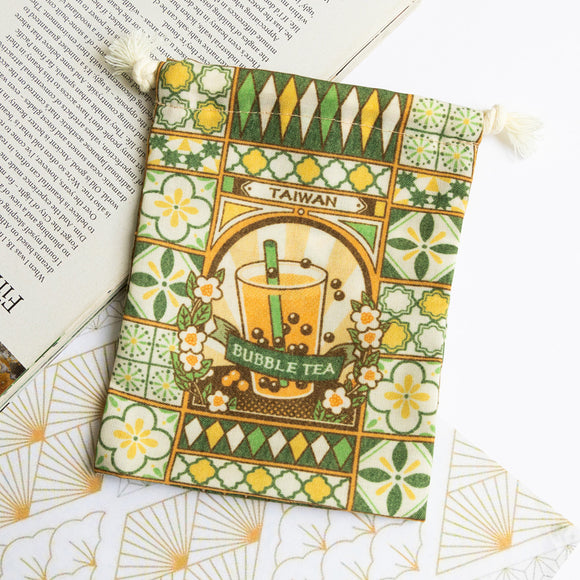 猴子設計 Monkey Design 台湾巾着ポーチ タピオカ柄 マジョリカタイル｜台灣小物袋 珍奶花磚