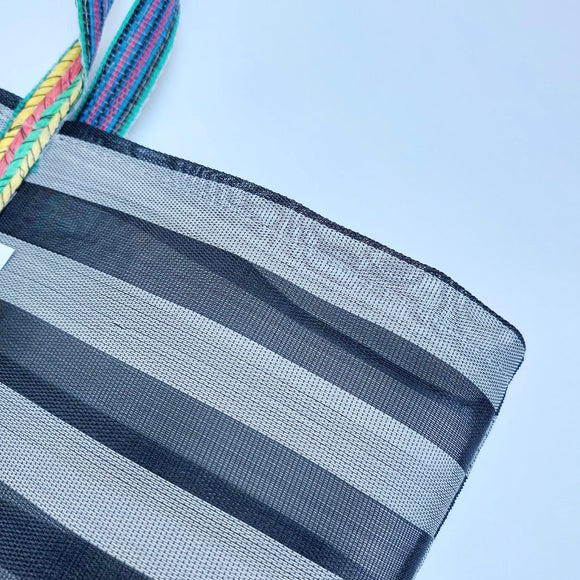 台湾製 モノトーンボーダー（ブラック・グレー）漁師網 ナイロンバッグ (茄芷袋)｜Mサイズ｜黑灰條紋款 茄芷袋