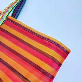 台湾製 ボーダー柄（オレンジ・ブラック・レッド）漁師網 ナイロンバッグ (茄芷袋)｜Sサイズ｜橘黑紅條紋款 茄芷袋