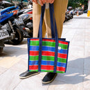 台湾製 ファスナー・内ポケット付き 漁師網 ナイロンバッグ トートバッグ (茄芷袋) 台湾カラー ボーダー｜經典茄芷袋 A4資料袋 拉鍊款