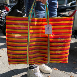 台湾製 ボーダー柄（オレンジ・ブラック・レッド）漁師網 ナイロンバッグ (茄芷袋)｜Mサイズ｜橘黑紅條紋款 茄芷袋