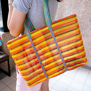 台湾製 ボーダー柄（オレンジ・ブラック・レッド） 漁師網 ナイロンバッグ (茄芷袋) ショルダーストラップタイプ｜Mサイズ｜橘黑紅條紋款 茄芷袋 肩背款