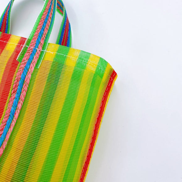 台湾製 縦ストライプ柄（イエロー・グリーン・レッド）漁師網 ナイロンバッグ (茄芷袋)｜XSサイズ｜綠黃紅直條紋 茄芷袋