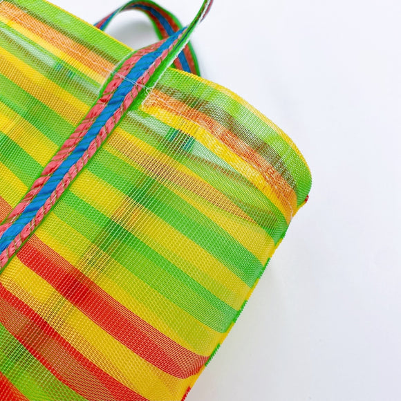台湾製 ボーダー柄（イエロー・グリーン・レッド）漁師網 ナイロンバッグ (茄芷袋)｜XSサイズ｜綠黃紅條紋 茄芷袋
