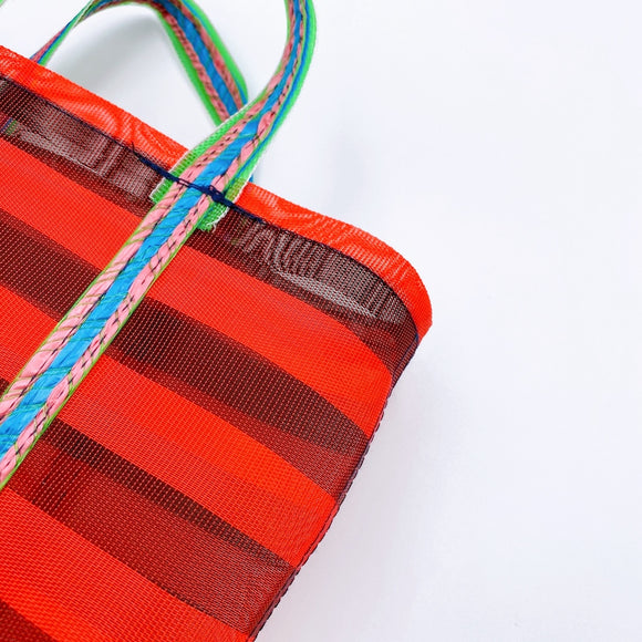 台湾製 ボーダー柄（ブラック・レッド）漁師網 ナイロンバッグ (茄芷袋)｜XSサイズ｜紅黑條紋 茄芷袋