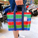 台湾製 漁師網 ナイロンバッグ (茄芷袋) 台湾カラー ボーダー｜コットン布持ち手タイプ｜Sサイズ｜布提把 茄芷袋（金獅牌）