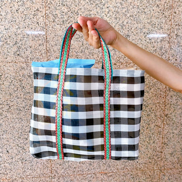 台湾製 チェック柄 モノトーン（ブラック・ホワイト） 漁師網 ナイロンバッグ (茄芷袋)｜Sサイズ 黑白格紋 茄芷袋