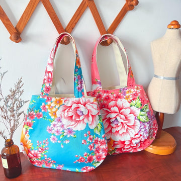 Hakka Rainy 客家花布マグネットボタン付きラウンドトートバッグ｜手提磁扣圓弧包｜台湾花布