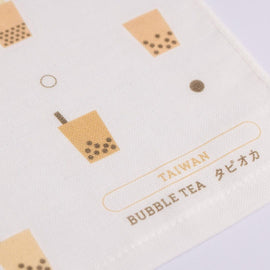 Cosi 台湾製 タピオカ柄 ハンドタオル（ハンカチ）ガーゼ生地 x タオル生地 デュアルデザイン 27x27cm｜Cosi 珍珠奶茶 手帕巾（紗布面 x 毛巾面）