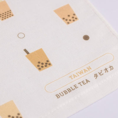 Cosi 台湾製 タピオカ柄 ハンドタオル（ハンカチ）ガーゼ生地 x タオル生地 デュアルデザイン 27x27cm｜Cosi 珍珠奶茶 手帕巾（紗布面 x 毛巾面）