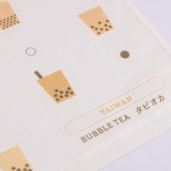 Cosi 台湾製 タピオカ柄 ハンドタオル（ハンカチ）ガーゼ生地 x タオル生地 デュアルデザイン 27x27cm｜Cosi 珍珠奶茶 手帕巾（紗布面 x 毛巾面）