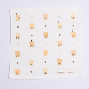 Cosi 台湾製 タピオカ柄 ハンドタオル（ハンカチ）ガーゼ生地 x タオル生地 デュアルデザイン 27x27cm｜Cosi 珍珠奶茶 手帕巾（紗布面 x 毛巾面）