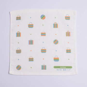 Cosi 台湾製 台湾漁師網ナイロンバッグ柄 ハンドタオル（ハンカチ）ガーゼ生地 x タオル生地 デュアルデザイン 27x27cm｜Cosi 茄芷袋 手帕巾（紗布面 x 毛巾面）
