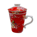 台湾花布（客家花布）柄 茶具 マグカップ（茶こし付き） レッド｜台灣花布（客家花布）三件式馬克杯（240ml） 紅