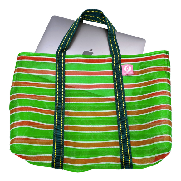 Taiwan Love オリジナル ボーダー柄（グリーン・レッド・ホワイト）台湾漁師網バッグ ナイロンバッグ (茄芷袋) 台湾製｜小さめMサイズ（4号）｜コットン布持ち手タイプ｜Taiwan Love 紅綠白線條款 茄芷袋 4號