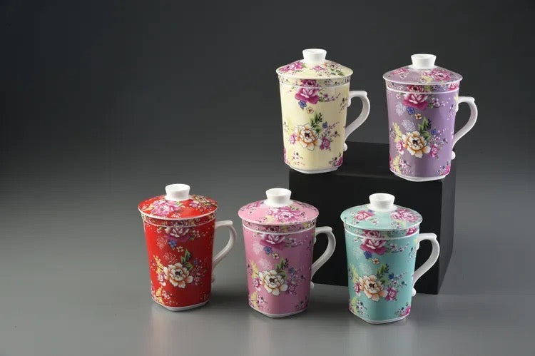 台湾花布（客家花布）柄 茶具 マグカップ（茶こし付き） ピンク｜台灣