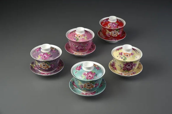 台湾花布（客家花布）柄 茶具 蓋碗（ティーカップ） イェロー｜台灣花布（客家花布）三件式蓋杯（220ml） 黃